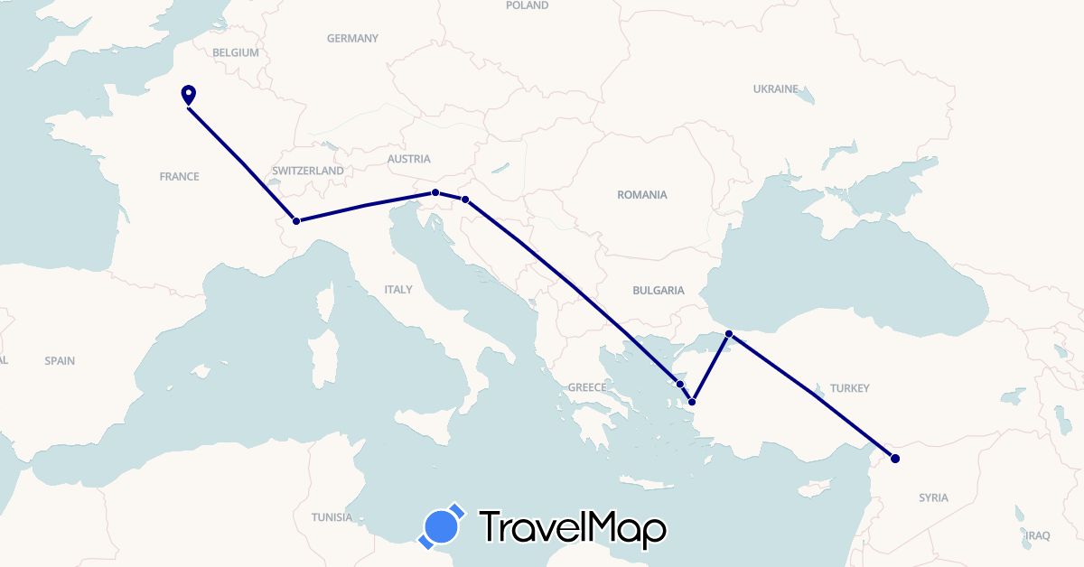 TravelMap itinerary: driving in France, Greece, Croatia, Italy, Slovenia, Syria, Turkey (Asia, Europe)